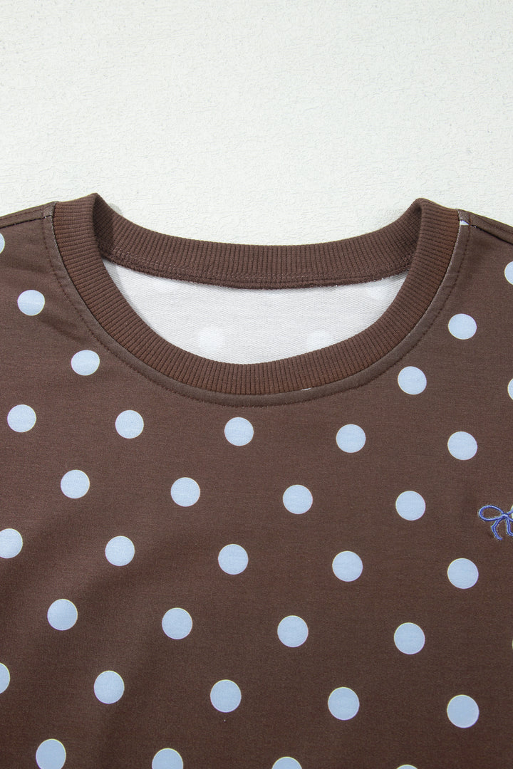 Brown Polka Dot Pullover Embroidered Bow Detail 2pcs Skort Set