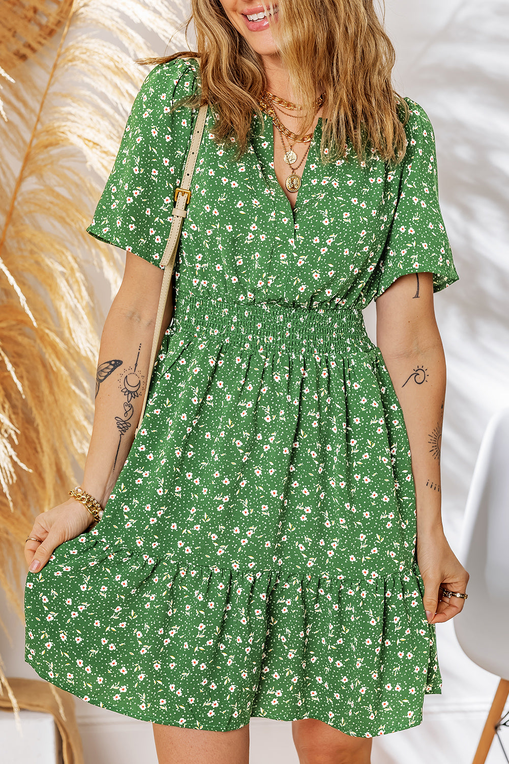 Floral Print Wrap V Neck Short Sleeve High Waistband Mini Dress
