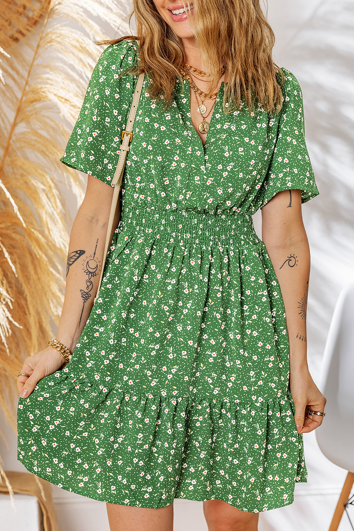 Floral Print Wrap V Neck Short Sleeve High Waistband Mini Dress