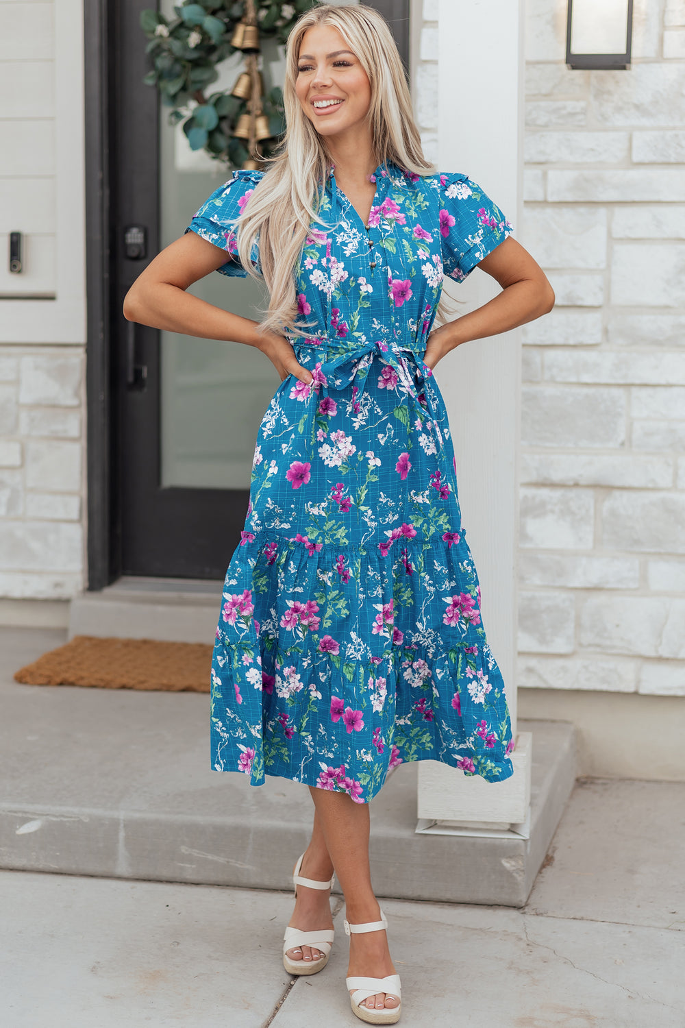 Floral Flutter Sleeve Button Tie Split Neck Belted Long Dress