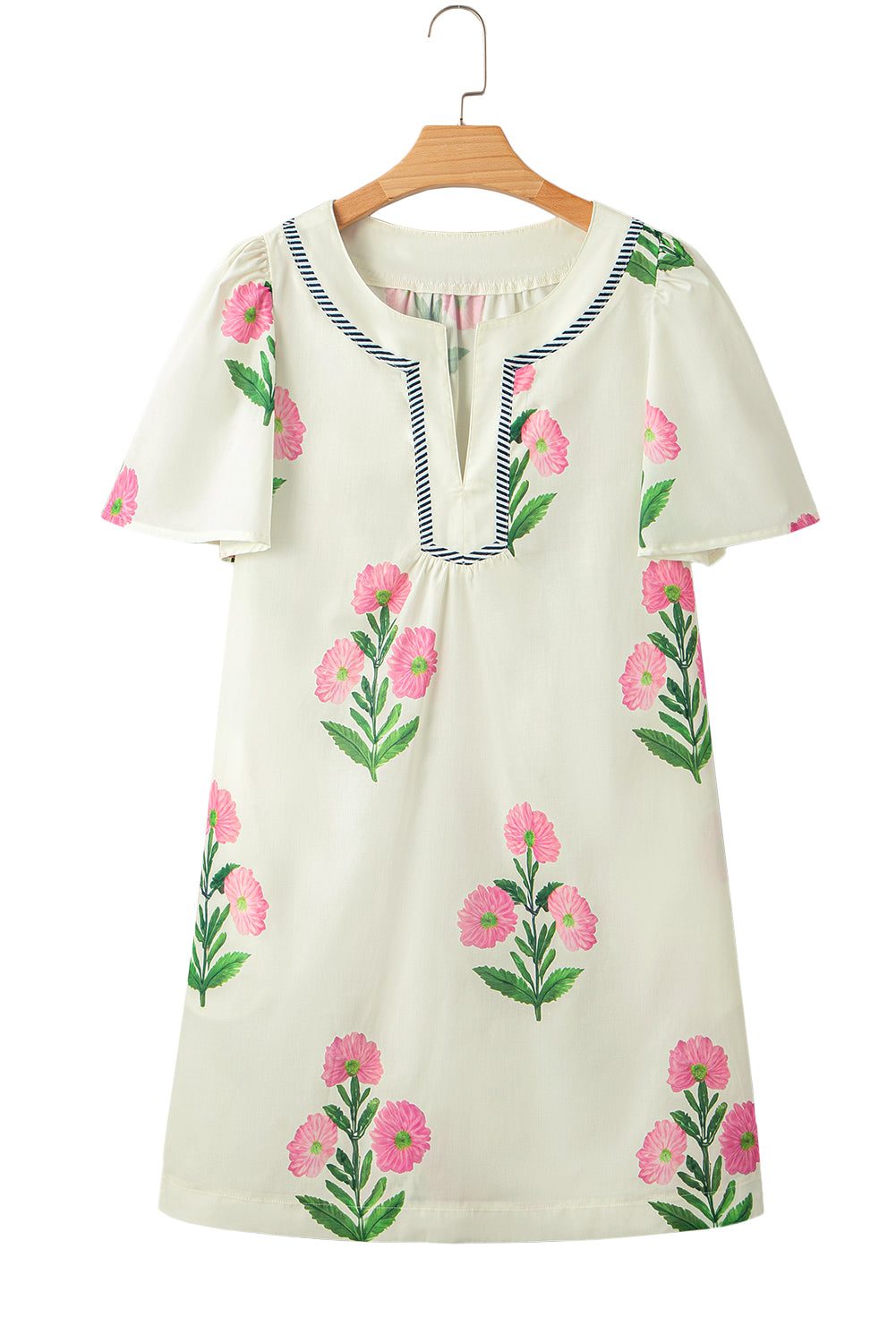 Mini-robe ample à manches courtes et col fendu à fleurs
