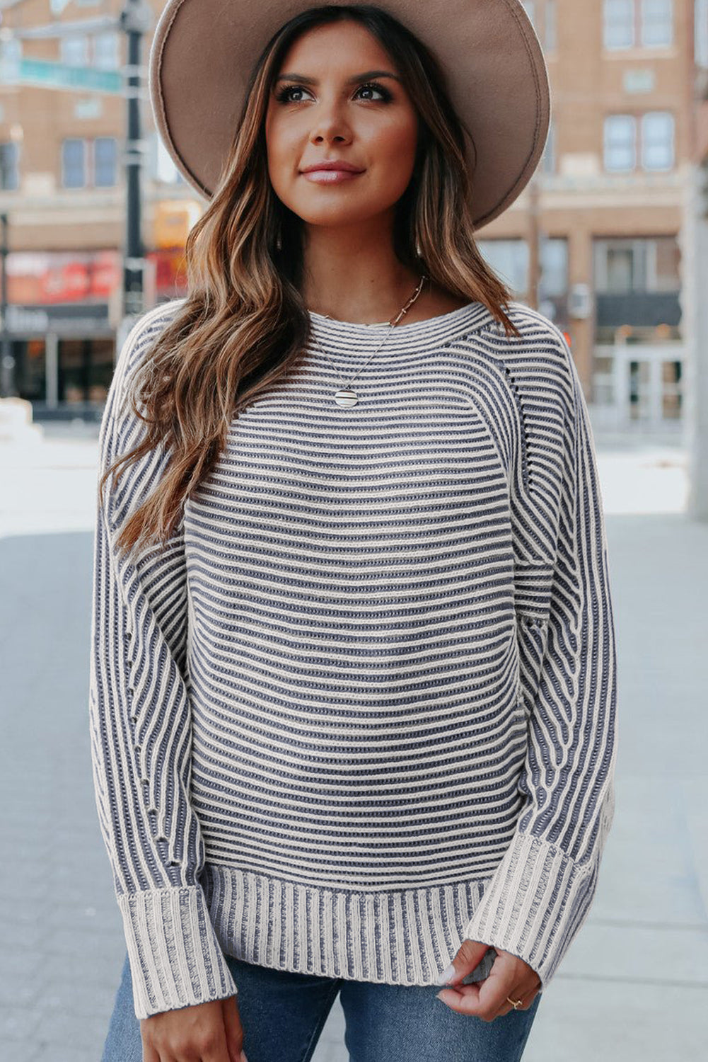 Striped Print Ribbed Knit Boat Neck Baggy Sweater