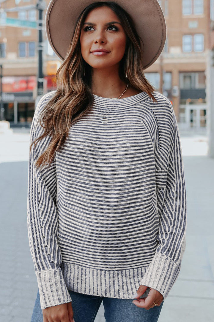 Striped Print Ribbed Knit Boat Neck Baggy Sweater