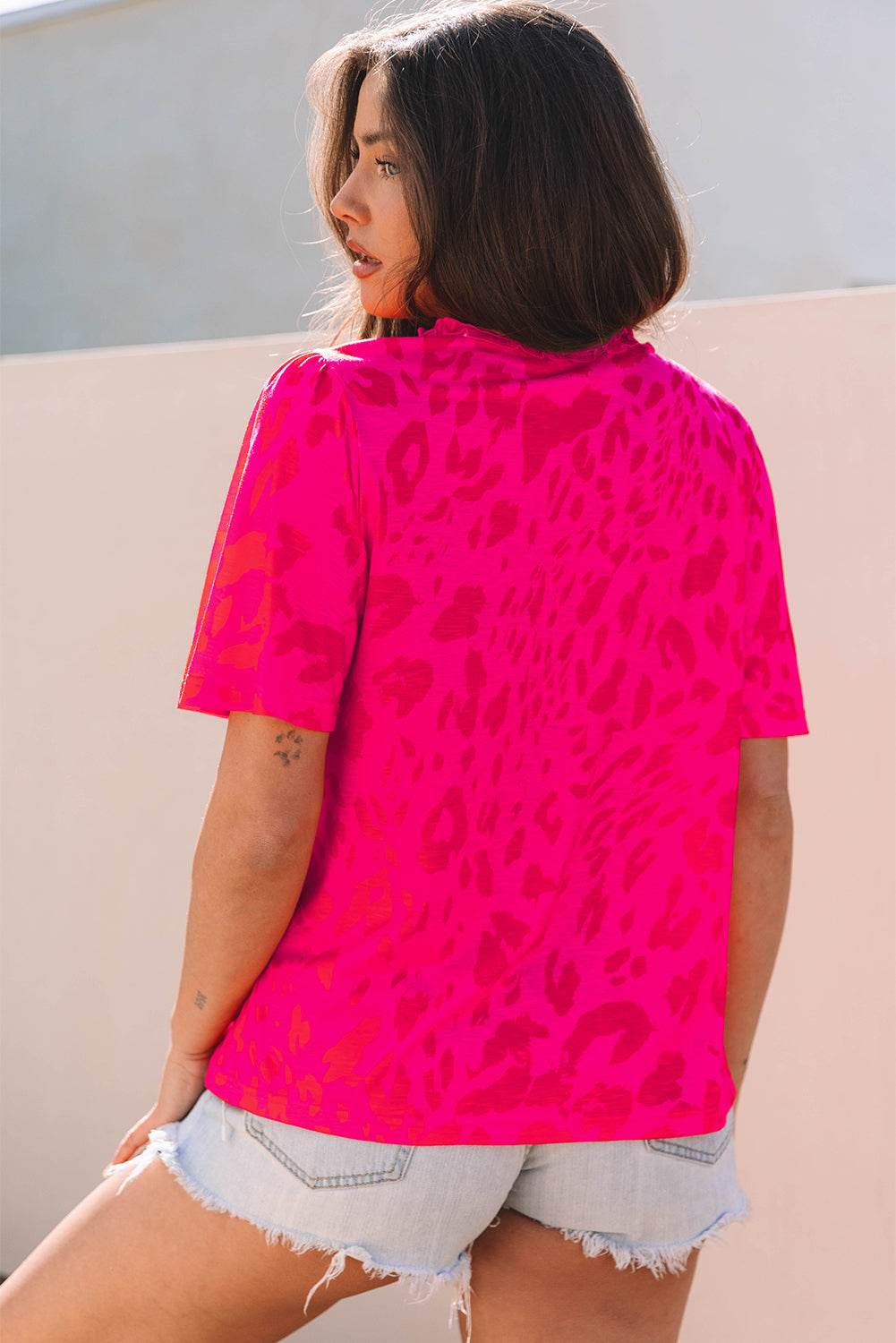 Leopard Frilly V Neck Short Sleeve Blouse