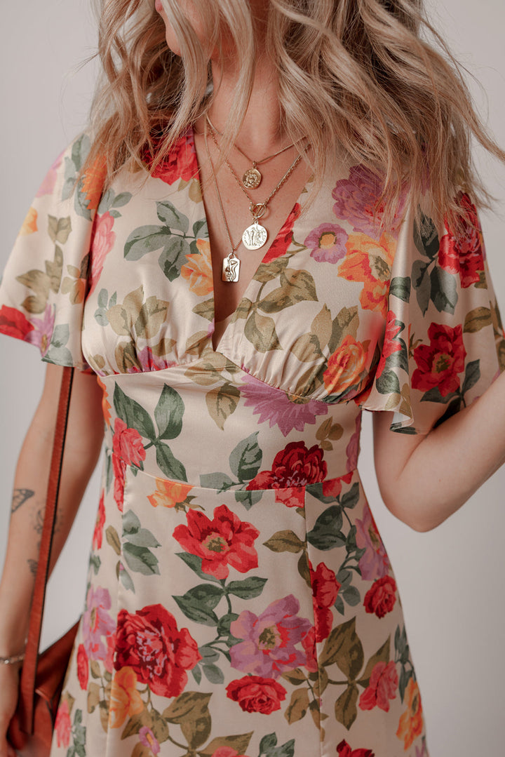Vintage Floral V Neck Short Sleeve Tie Back Long Slit Dress