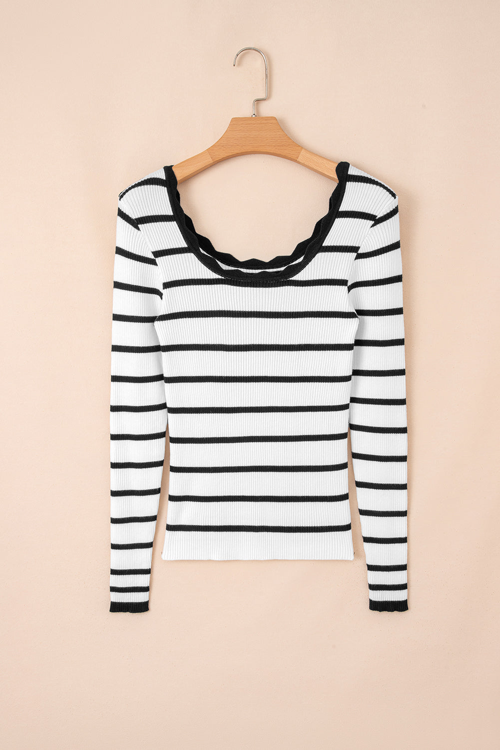 Scalloped Trim U Neck Striped Ribbed Slim Sweater