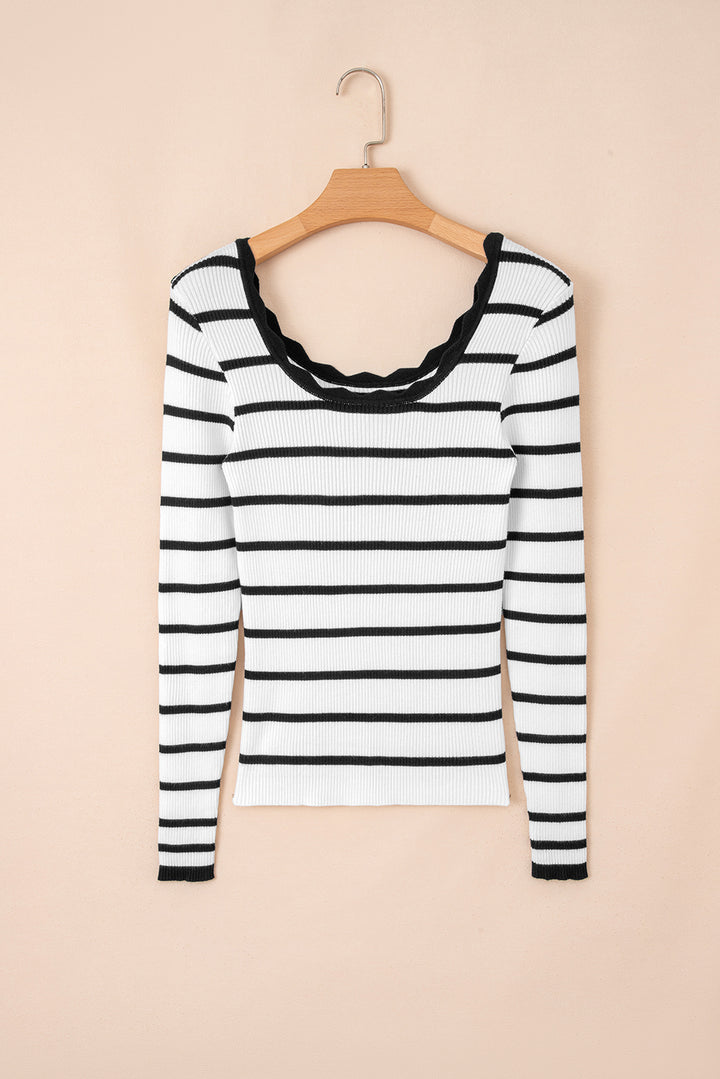Scalloped Trim U Neck Striped Ribbed Slim Sweater