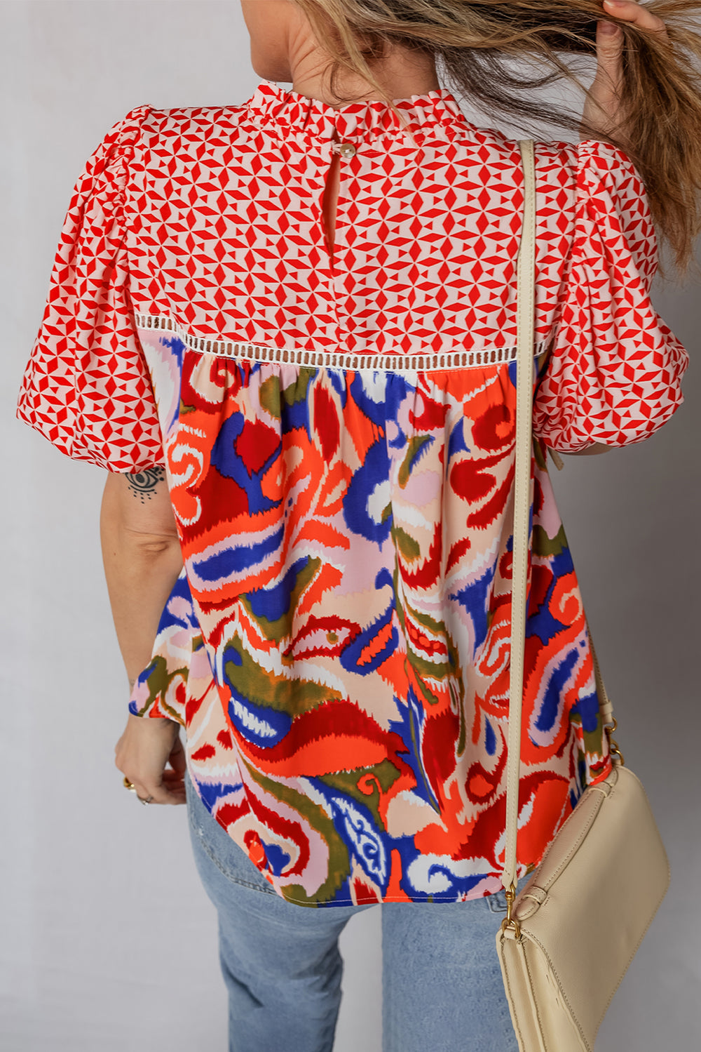Paisley Geometric Mixed Print Patchwork Puff Sleeve Blouse Top