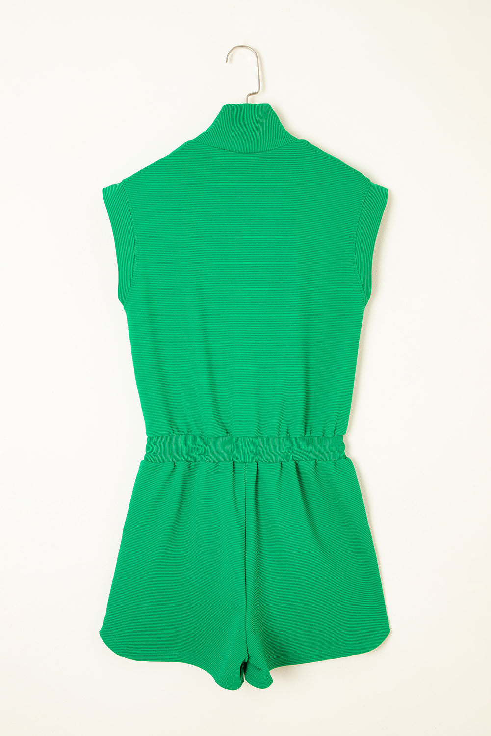 Bright Green Textured Short Sleeve Half Zip Drawstring Elastic Waistband Romper