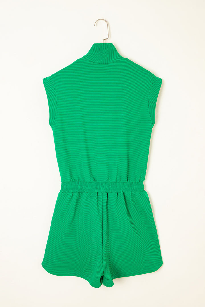 Bright Green Textured Short Sleeve Half Zip Drawstring Elastic Waistband Romper