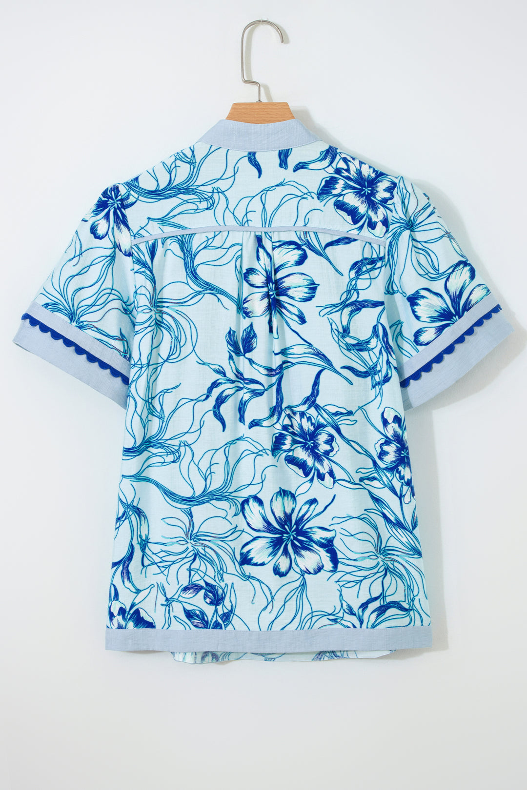 Ricrac Trim Slit V Neck Short Sleeve Floral Blouse