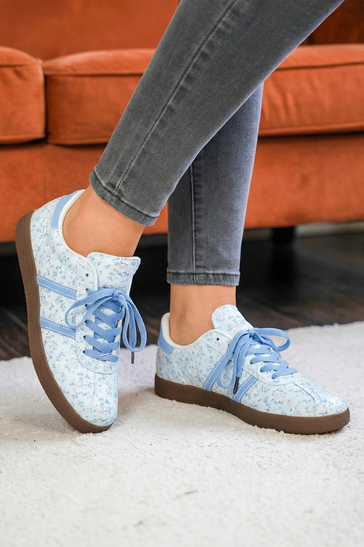 Floral Print Lace-up PU Leather Flat Shoes