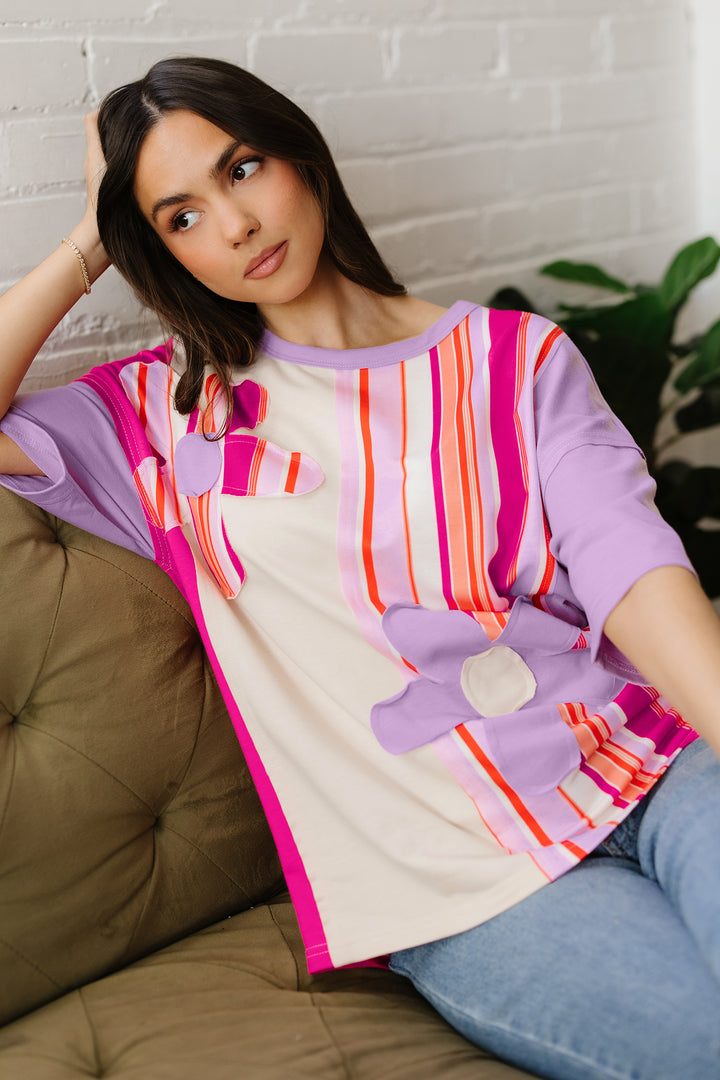 Striped Color Block Flower Patched Half Sleeve Loose Top