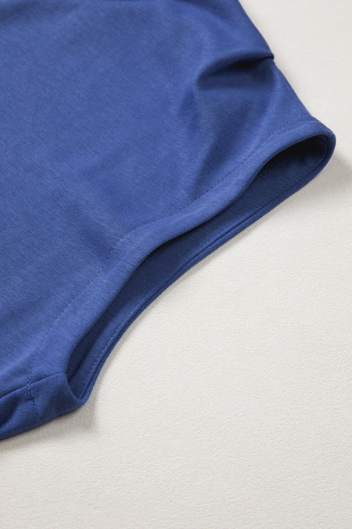 Sky Blue Solid Color High Neck Cap Sleeve Loose Top
