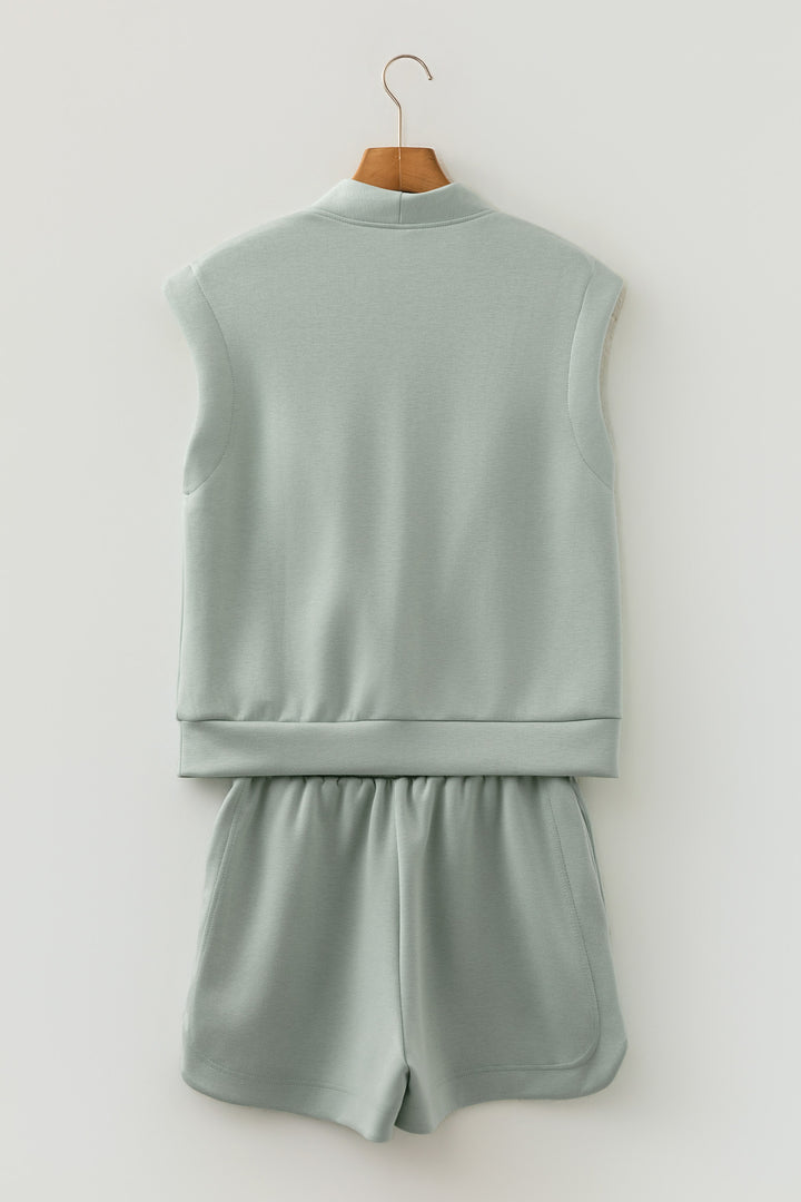 Smoke Green Quarter Zip Sleeveless Top Drawstring Shorts Casual 2pcs Outfit