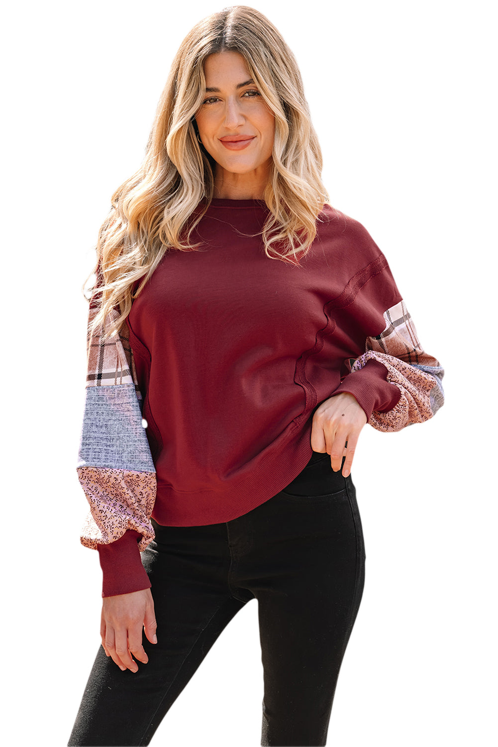 Plaid Colorblock Patchwork Sleeve Raw Seam Sweatshirt