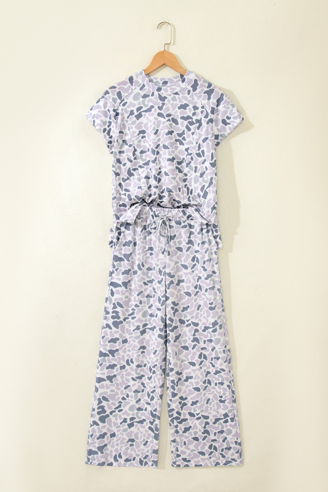 Beige Camouflage Print Twisted Rib Loose Tee Drawstring Pants Set