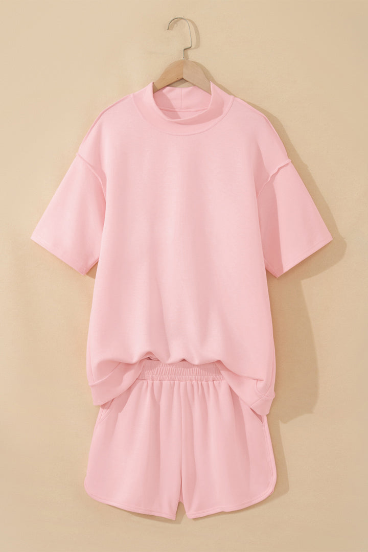 Light Pink Solid Color Exposed Seam Mock Neck Oversize Tee Casual Shorts 2pcs Outfit