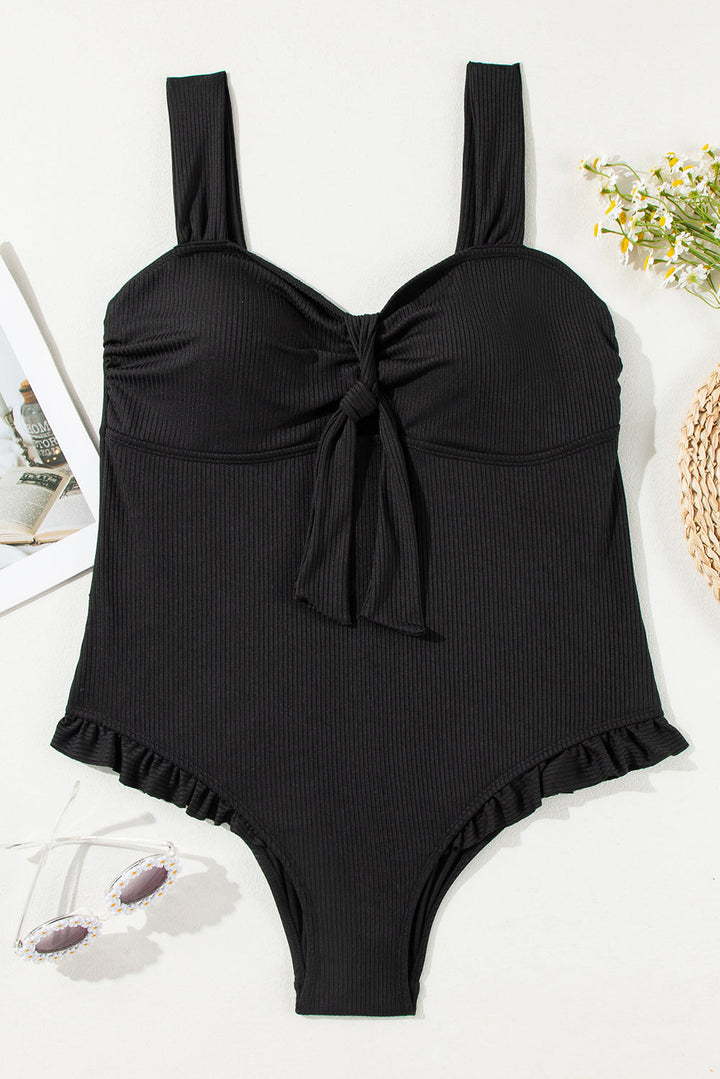 Plus Size Textured Knotted Ruffled Trim One Piece Swimwear