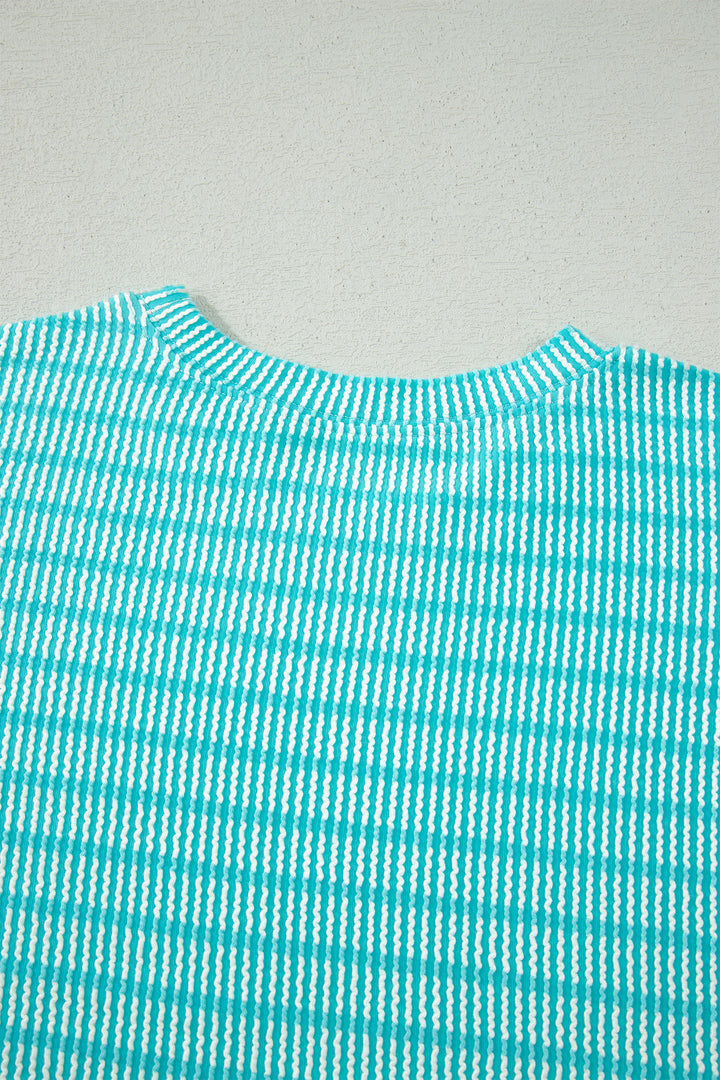 Sky Blue Stripe Raised Rib Loose Tee Drawstring Elastic Waist 2pcs Short Set