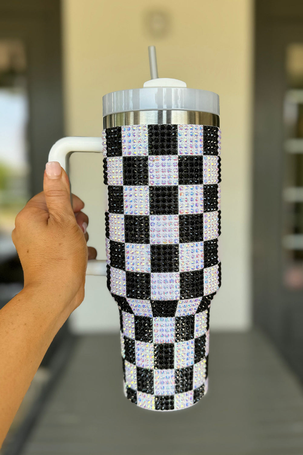 Full Rhinestone Checkerboard Handled Tumbler 40oz