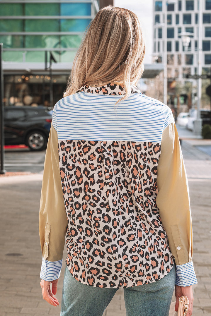 Colorblock Leopard Patchwork Chest Pocket Cuffed Sleeve Shirt