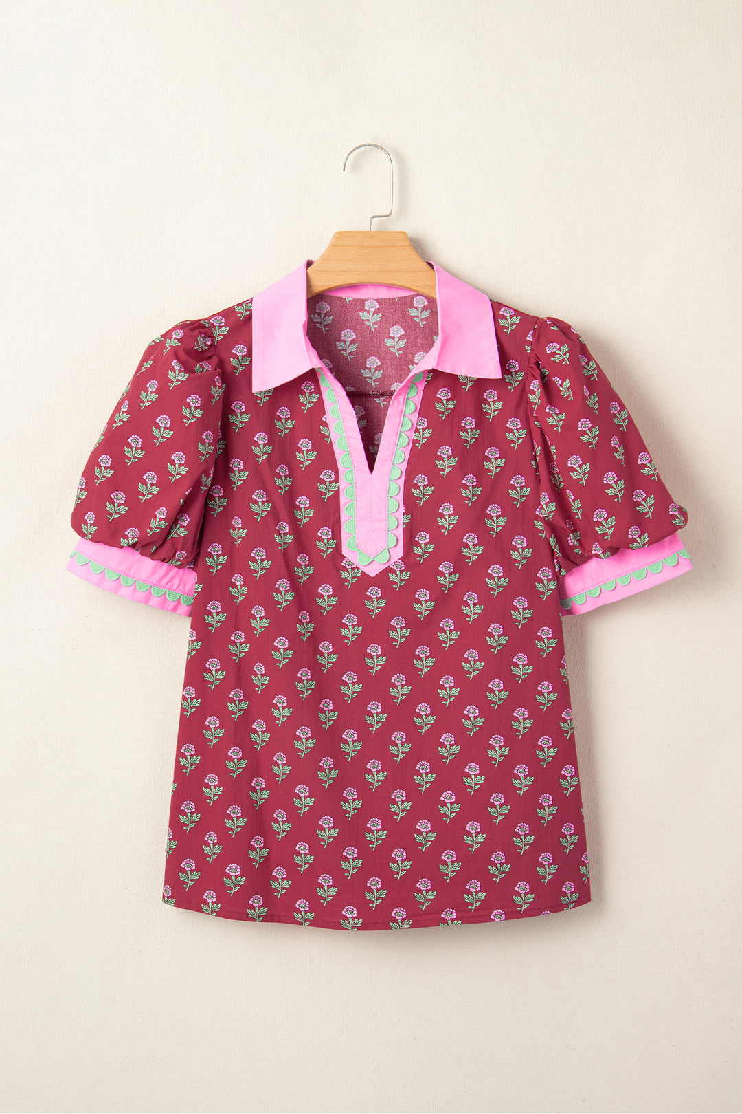 Contrast Collared V Neck Ricrac Trim Short Puff Sleeve Flower Blouse