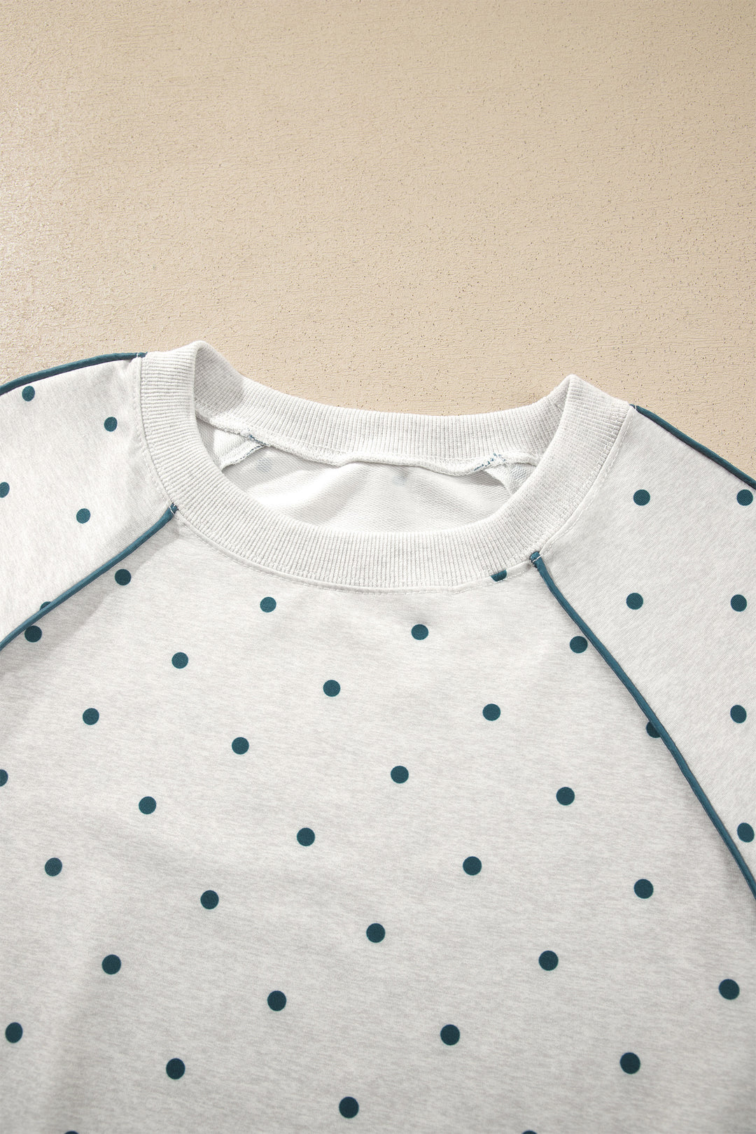Gray Polka Dot Print Piping Trim 3/4 Sleeve Relaxed Top