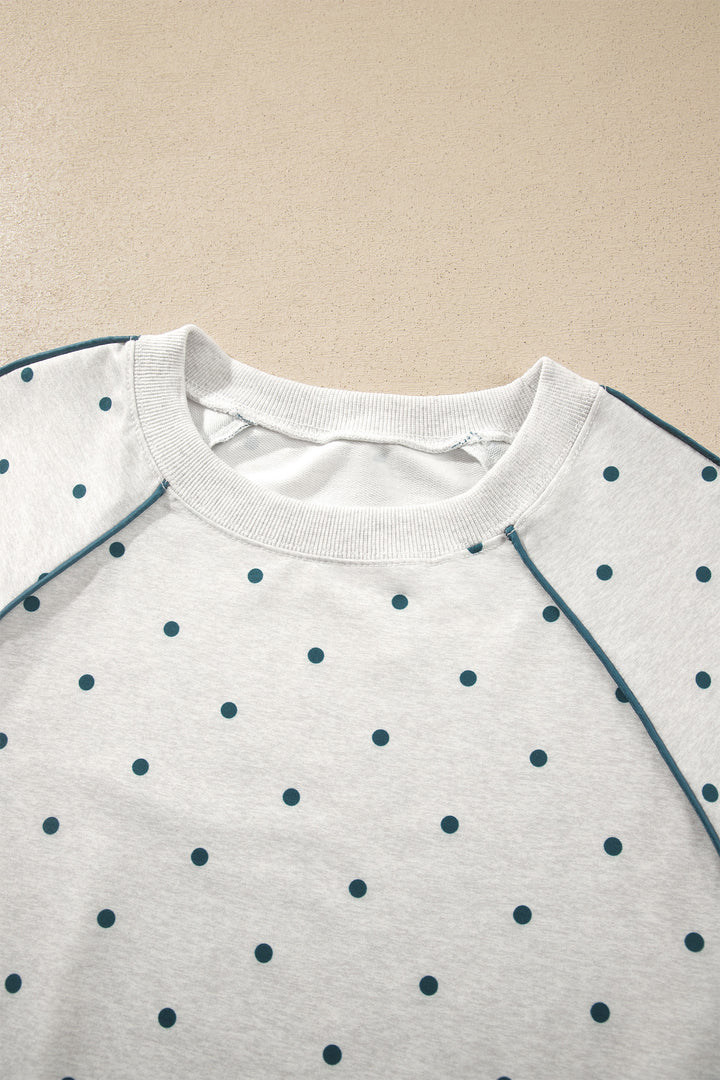 Gray Polka Dot Print Piping Trim 3/4 Sleeve Relaxed Top