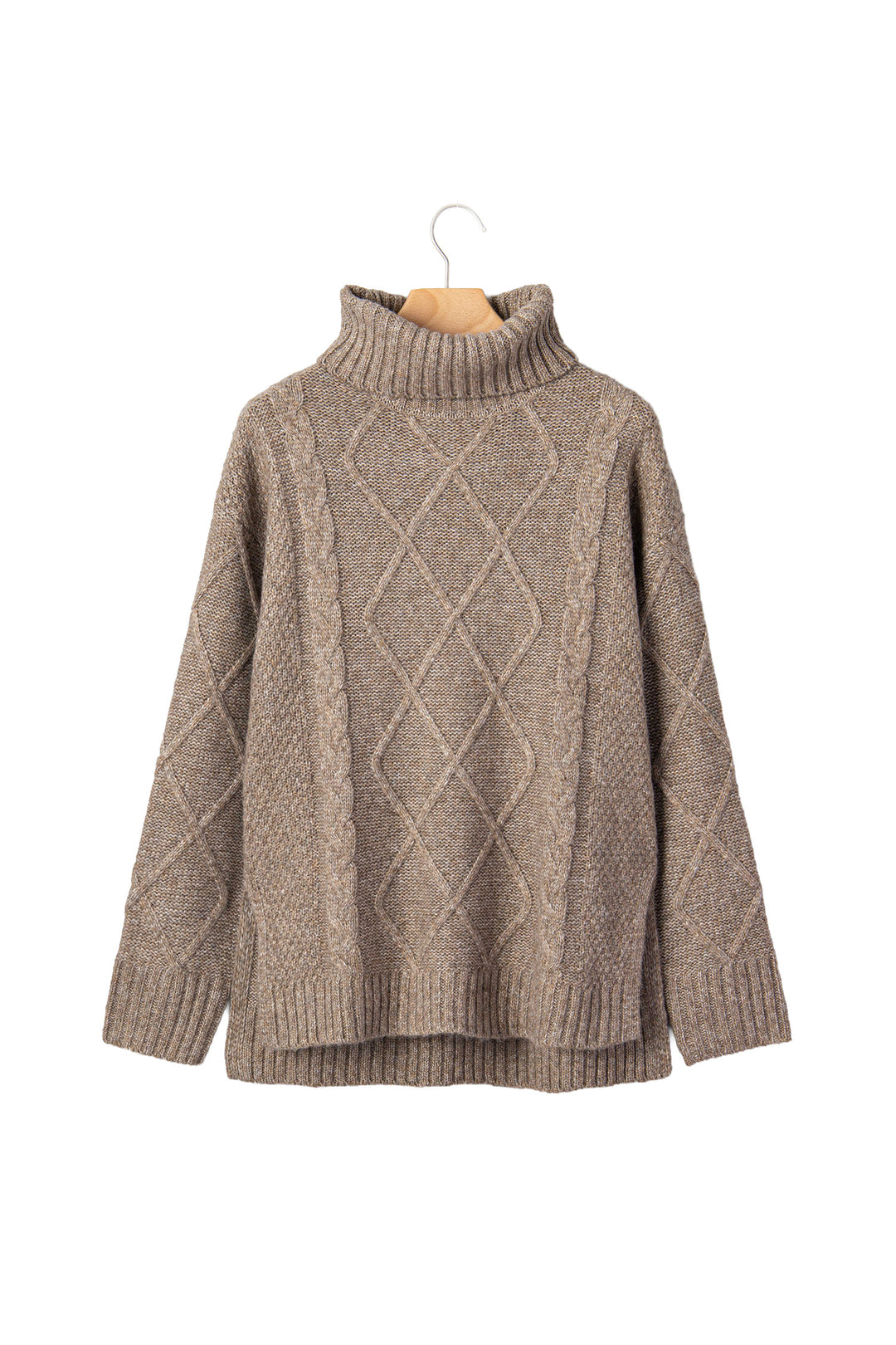 Dark Khaki High Neck Drop Shoulder Cable Knit Regular Length Sweater