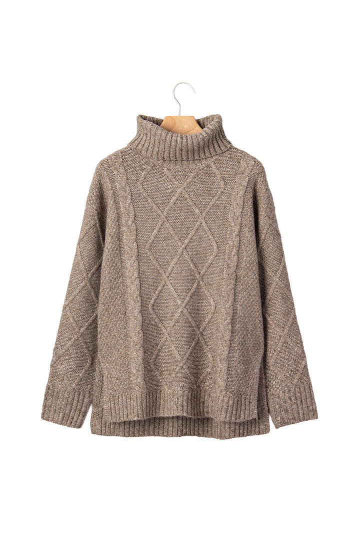 Dark Khaki High Neck Drop Shoulder Cable Knit Regular Length Sweater