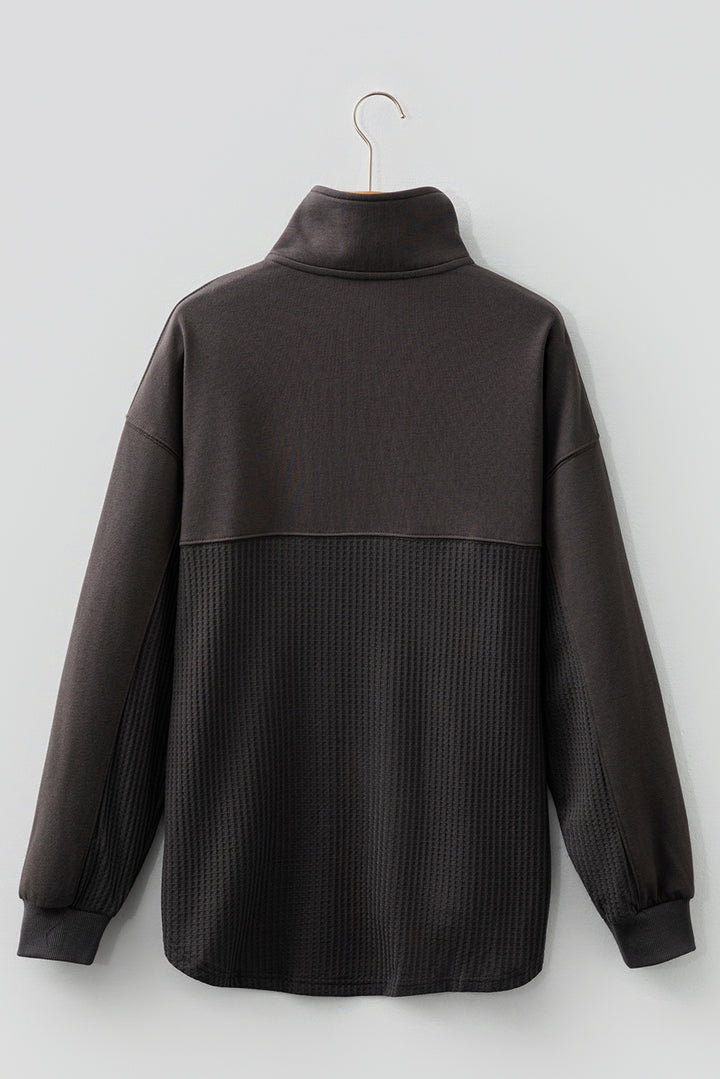 Waffle Knit Patchwork Half Zipped Casual Sweatshirt