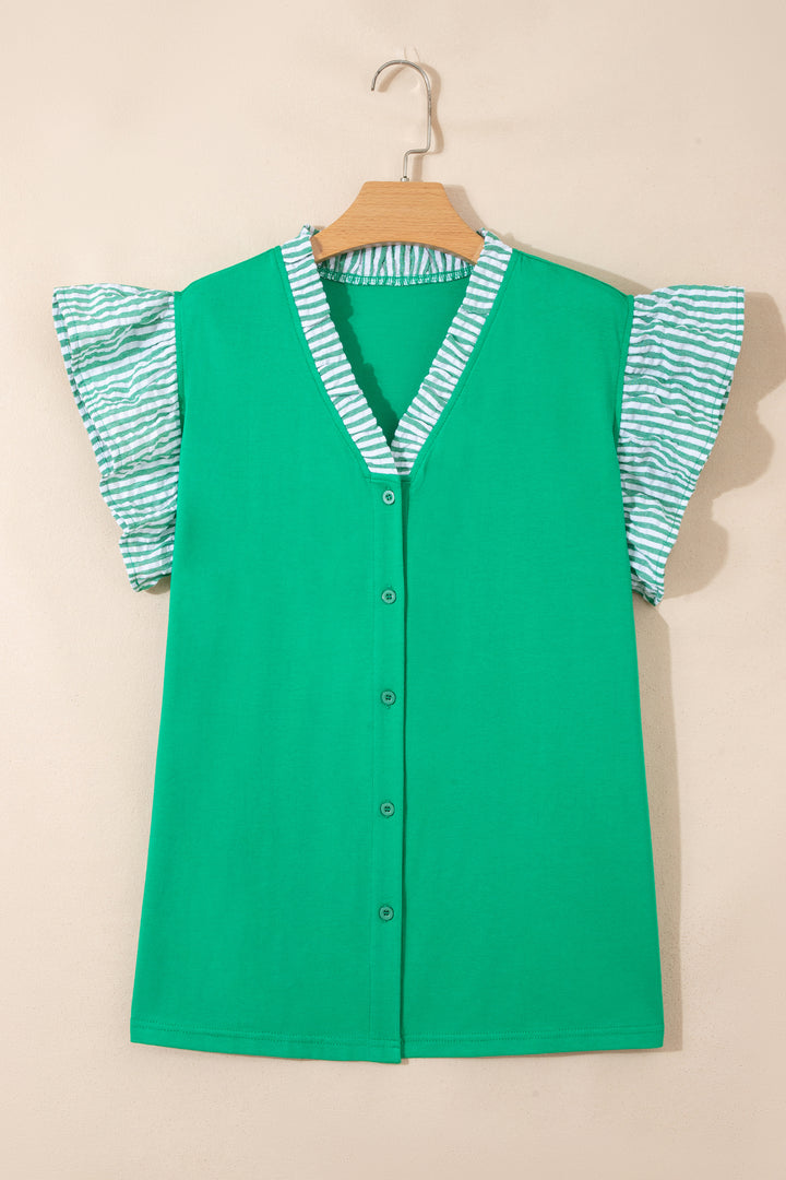 Dark Green Plus Size Button Front Ruffled Stripe Trim V Neck Flutter Sleeve Blouse