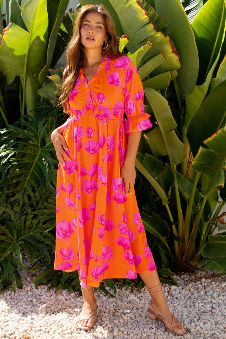 Floral Print Frilly Smocked V Neck 3/4 Sleeve Long Dress