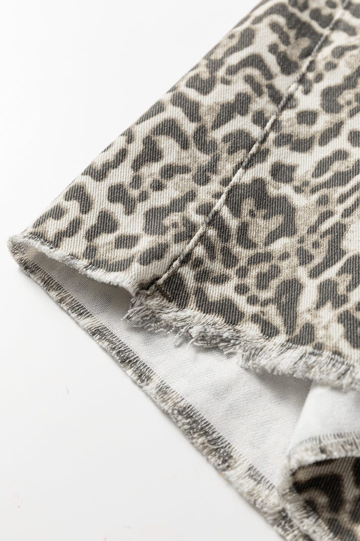 Brown Leopard Print Raw Hem Elastic Waist Loose Pull On Jeans