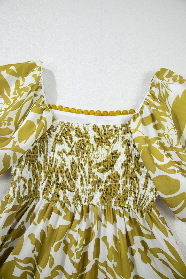 Scalloped Trim Square Neck High Waist Floral Maxi Dress