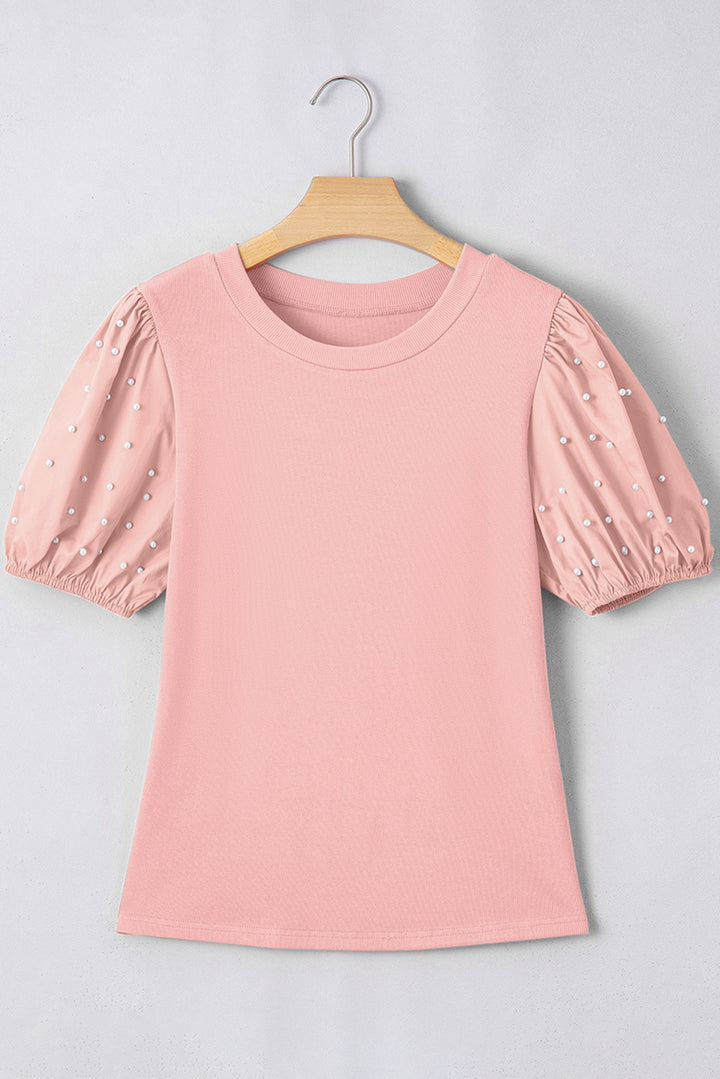 Light Pink Ribbed Pearl Beaded Puff Sleeve Top