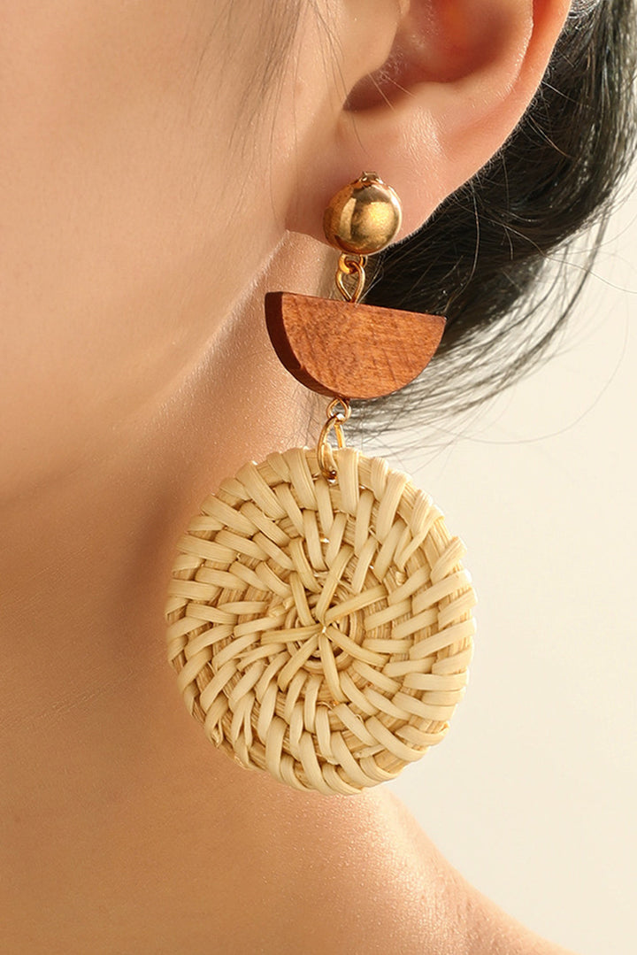 Boucles d'oreilles pendantes en forme de disque en bois tissé