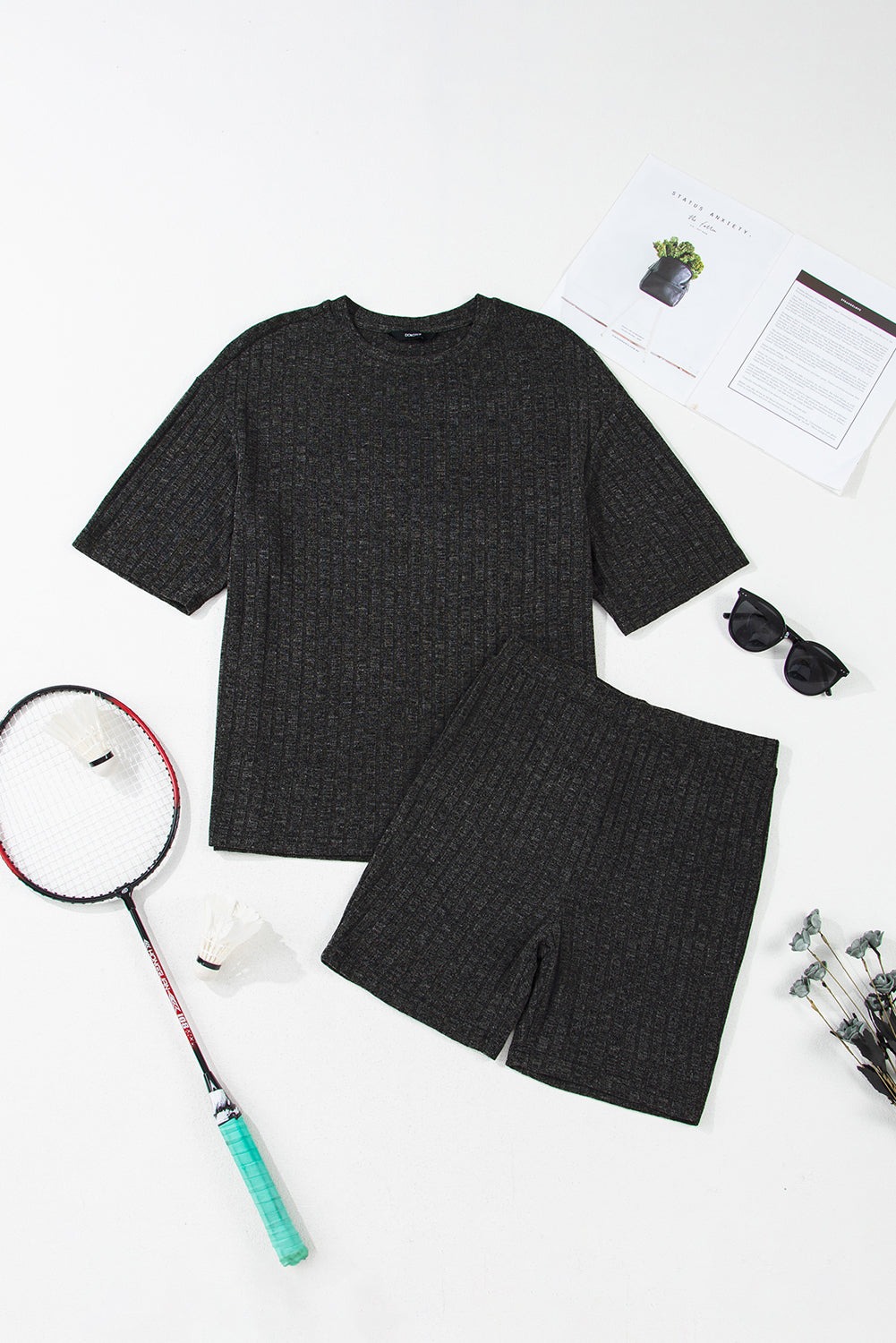 Black Soft Ribbed Loose Tee Slim Shorts 2pcs Sporty Set