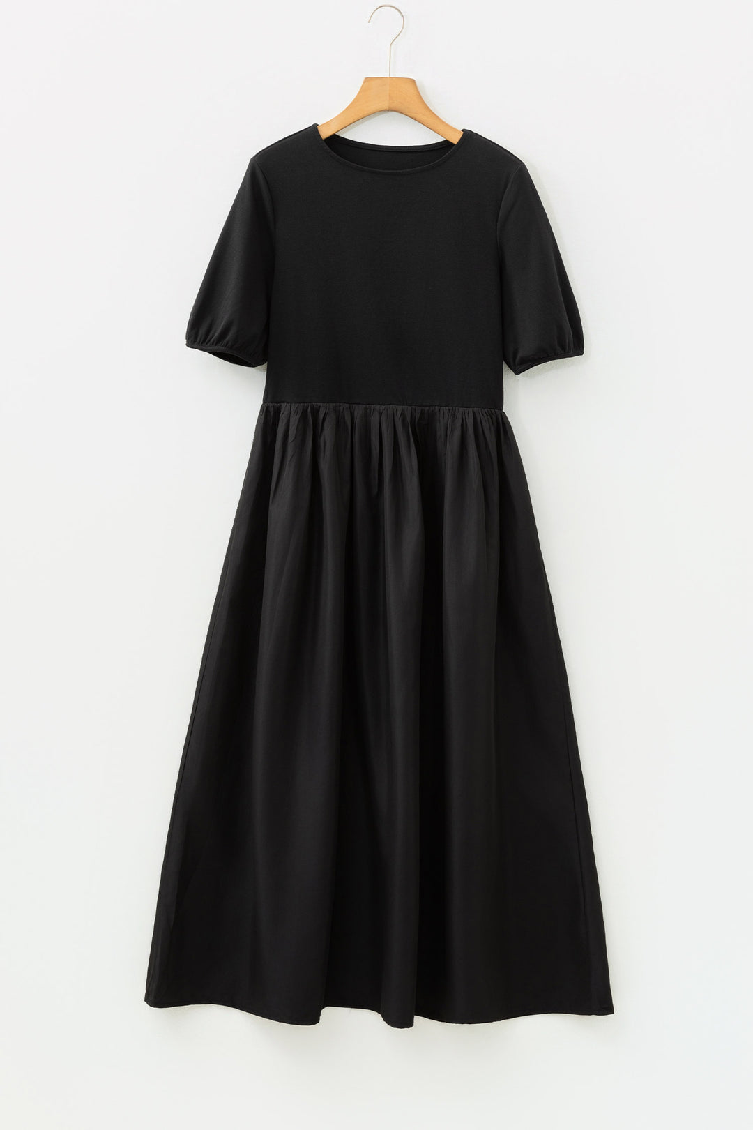 Black Short Sleeve Knit Top Patchwork Pleated Long Dress