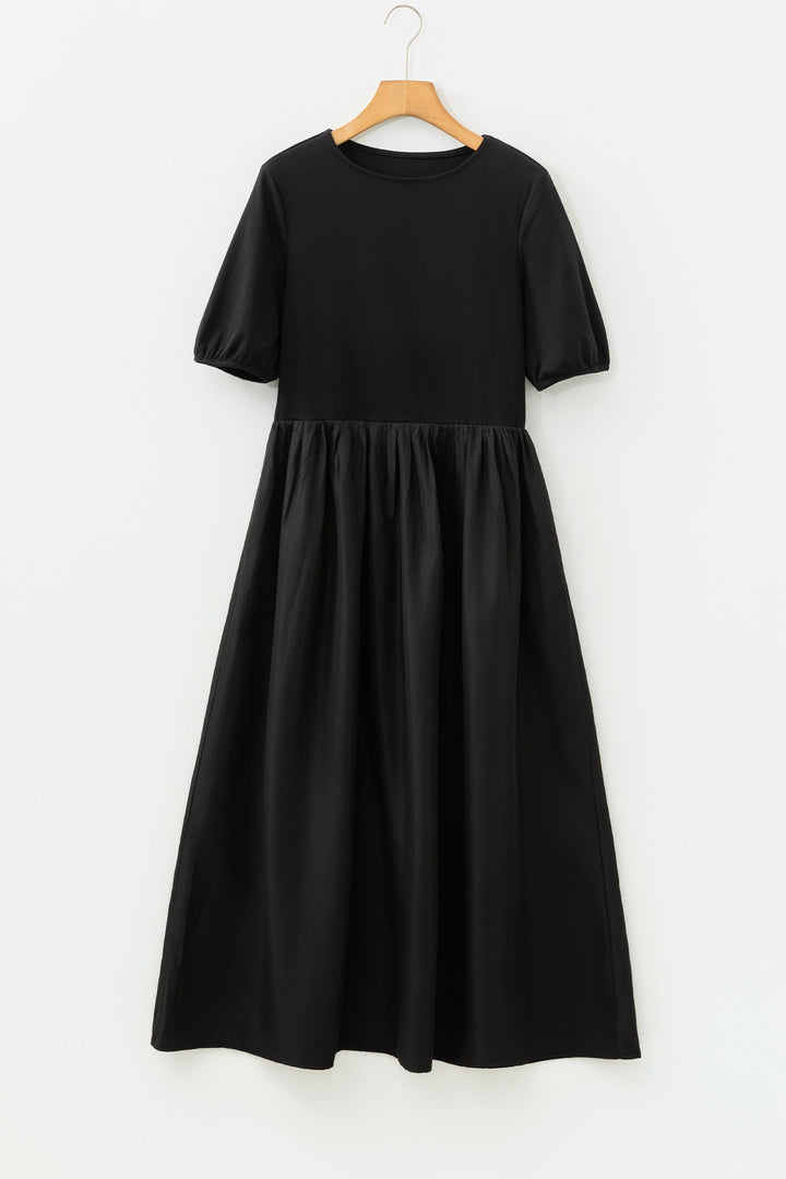 Black Short Sleeve Knit Top Patchwork Pleated Long Dress