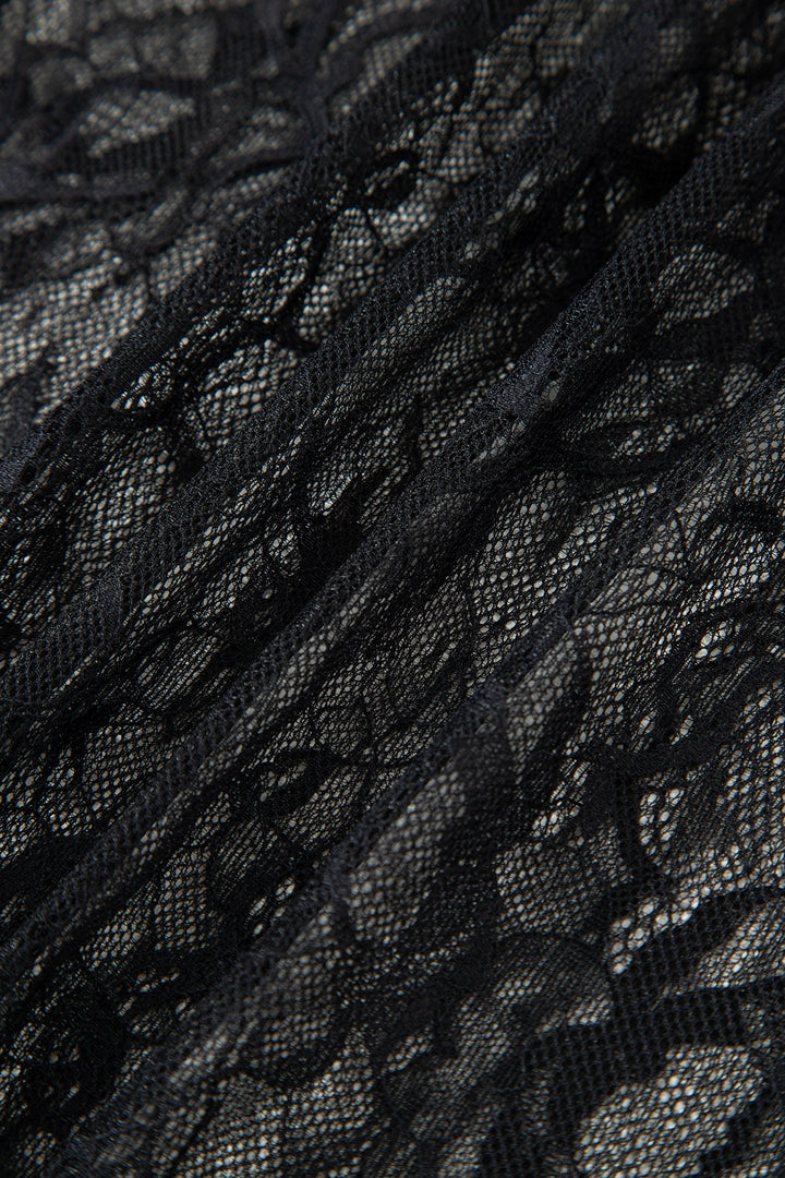 Black Solid Color Sleeveless Sheer Floral Lace Patchwork Long Dress
