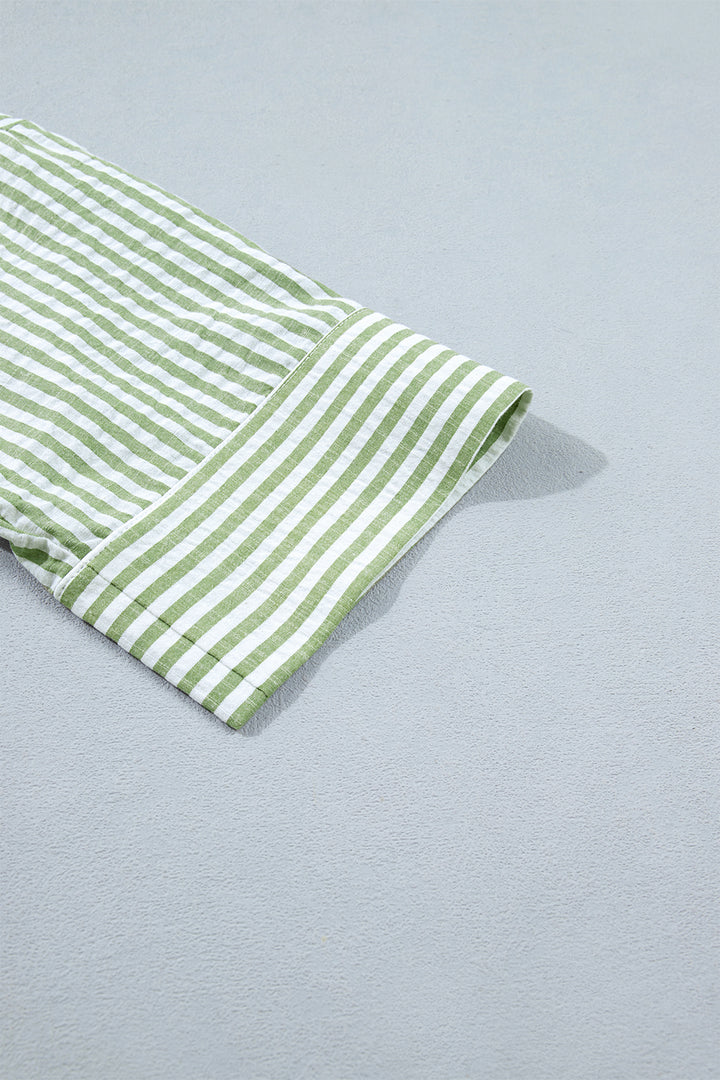 Green Stripe Shirt Collar Half Sleeve Blouse