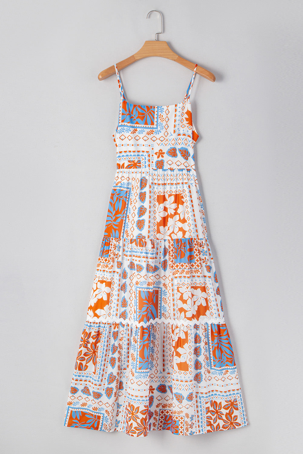 Multi Printed Ricrac Trim Spaghetti Straps Maxi Dress