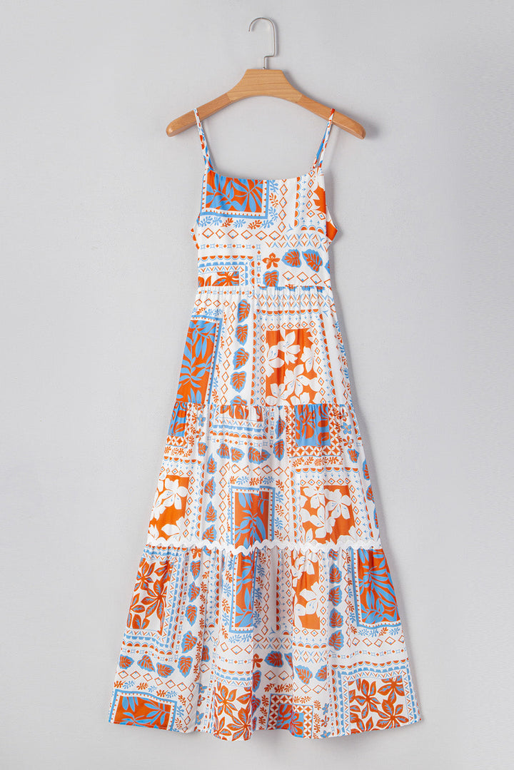 Multi Printed Ricrac Trim Spaghetti Straps Maxi Dress