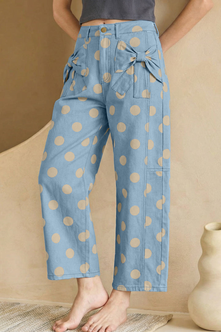 Sky Blue Polka Dot Print Bow Detail Pocketed Barrel Jeans
