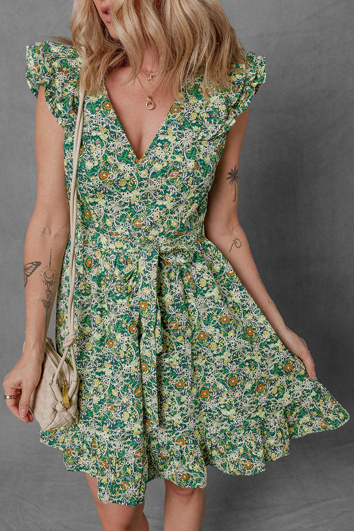 Flower Print Flutter Sleeve V Neck Sashed Ruffled Mini Dress