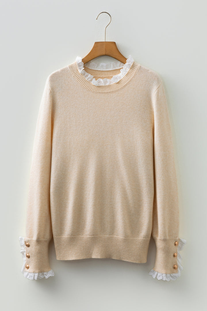 Lace Trim Patchwork Buttoned Cuffs Loose Sweater