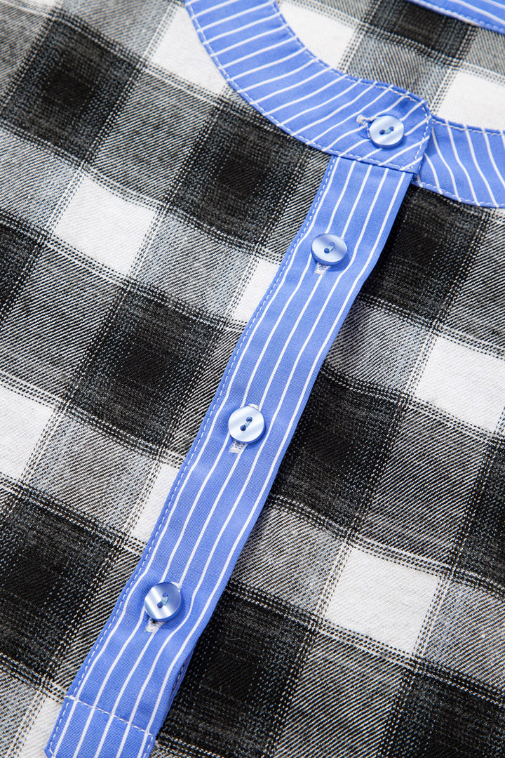Contrast Striped Edge Half Placket Plaid Blouse