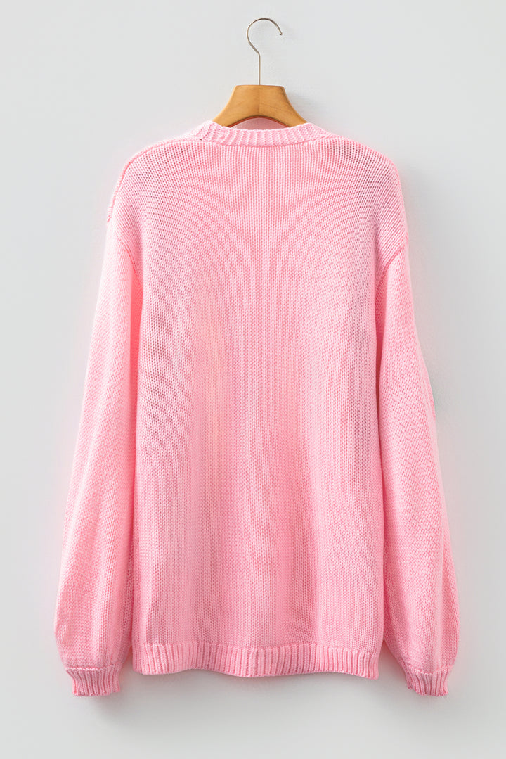 Light Pink Christmas Tree Print Open Front Drop Shoulder Midi Cardigan